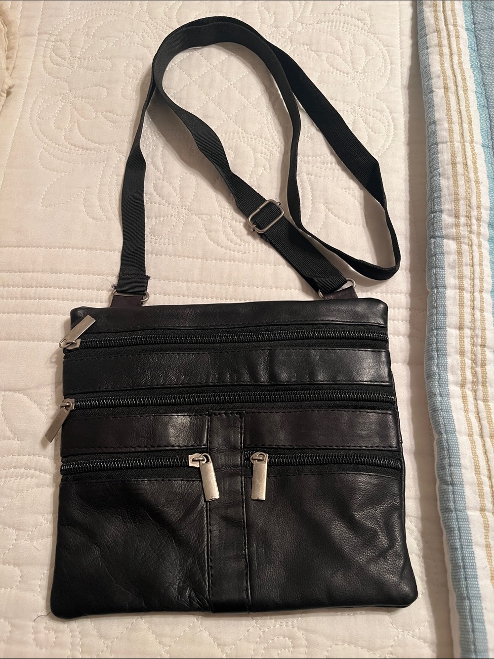 Black Leather Crossbody Bag - Adjustable Strap